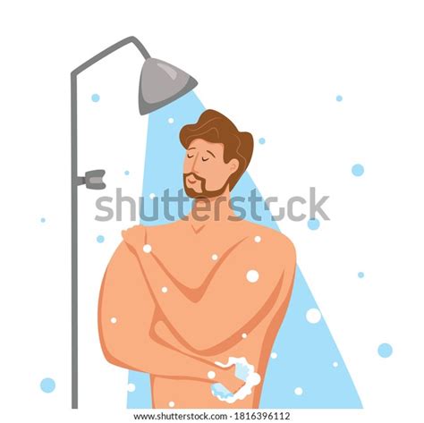 Man Taking Shower In Bathroom Vector Illustration Of Happy Guy Washing