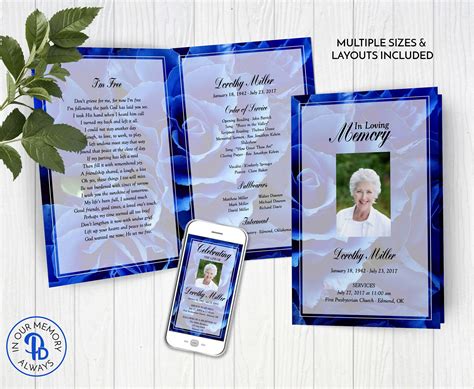 Blue Roses Funeral Program Template, Obituary/Order of Service Template