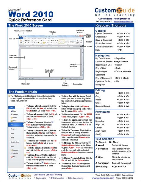 Microsoft Word 2010 Free Quick Reference Card Free Reference Card