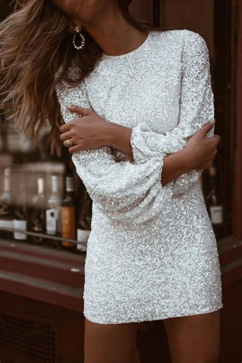 Cutesove Sparkly Long Sleeve Round Neck Sequin Mini Dress White