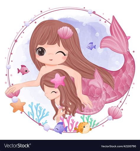 Cute Mermaid Mom And Baby In Watercolor Royalty Free Vector