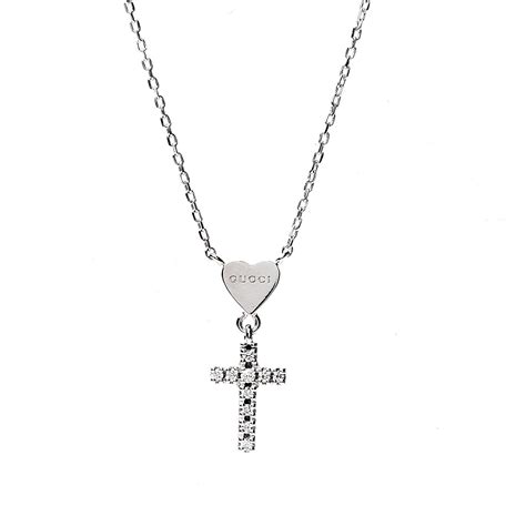 Gucci 18k White Gold Diamond Heart Cross Pendant Necklace 532196