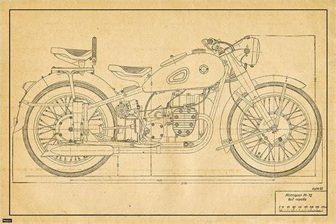 Vintage Motorcycle Blueprint Engineering Technical Drawing Etsy In