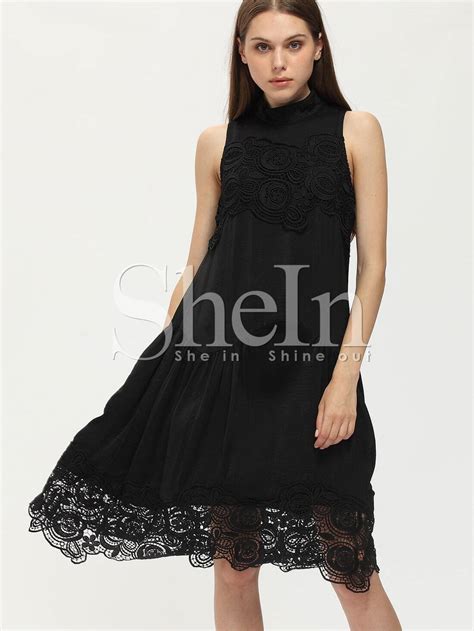 Black Crew Neck Lace Dress Sheinsheinside