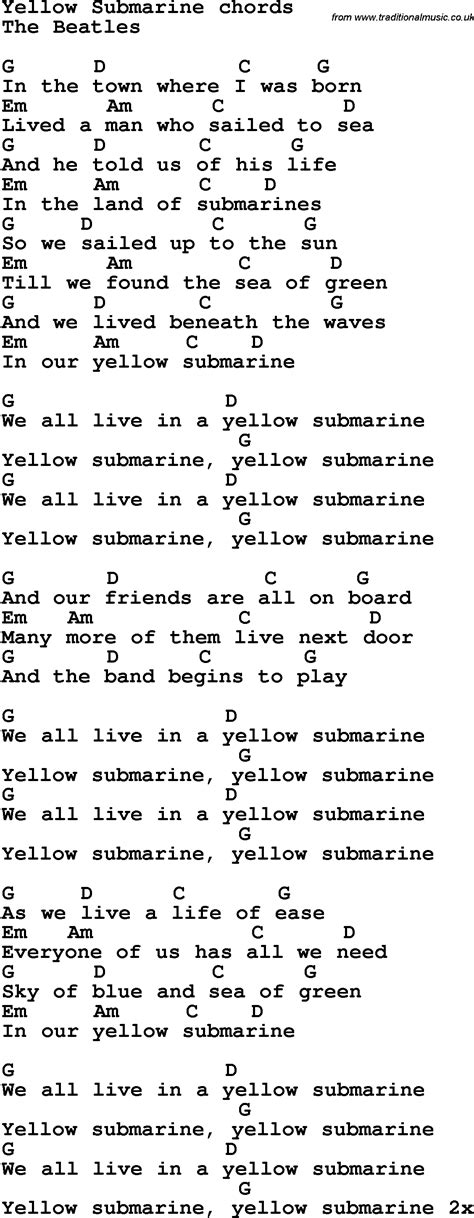 Song Lyrics With Guitar Chords For Yellow Submarine