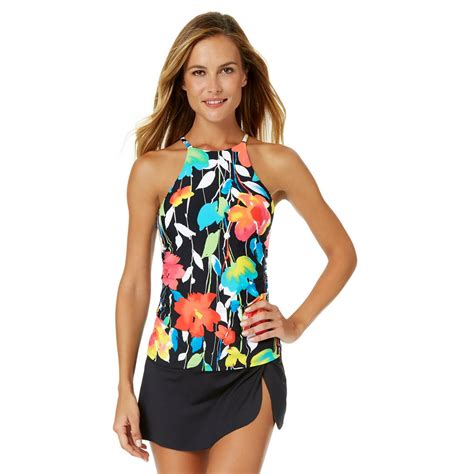 Anne Cole Anne Cole Womens Growing Floral High Neck Halter Tankini Swim Top