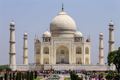 Taj Mahal With Walkway Garden Square Reflecting Pool And Visitors