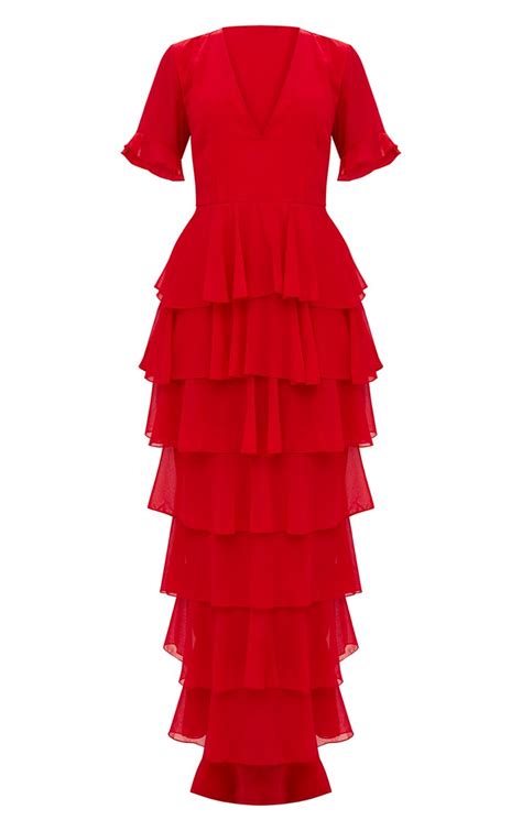 Red Chiffon Ruffle Layer Maxi Dress Prettylittlething Usa