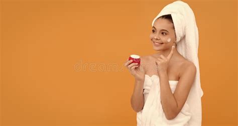 Positive Teen Girl In Shower Towel Apply Facial Cream Stock Image Image Of Skin Cheerful