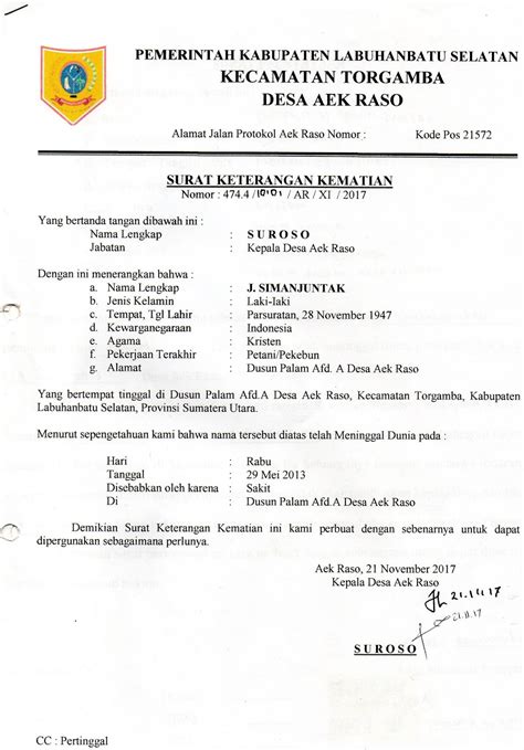 Contoh Surat Keterangan Kematian