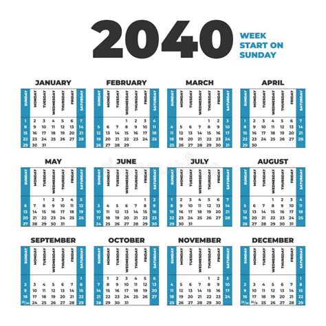 Plantilla De Calendario De 2040 Con Semanas Que Comienzan El Domingo