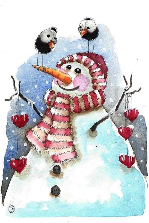 Original Watercolor Painting Whimsical Glitter Snowman With Hearts