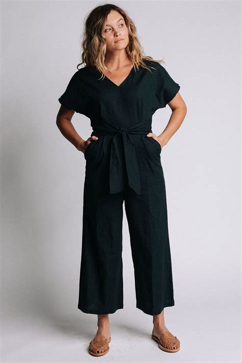 Details V Neck Linen Jumpsuit With Front Tie And Cropped Wide Leg