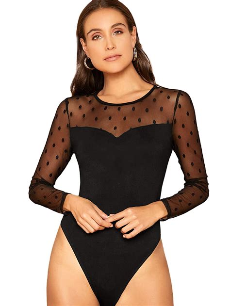 Floerns Womens Sheer Mesh Long Sleeve Stretchy Bodysuit Jumpsuit Bodysuits