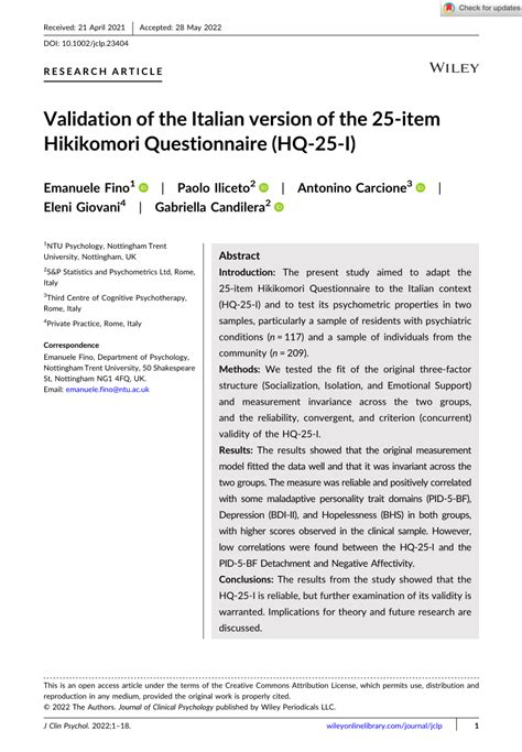 Pdf Validation Of The Italian Version Of The 25‐item Hikikomori