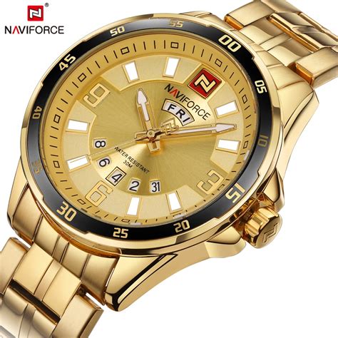 Naviforce Top Luxury Brand Gold Mens Quartz Watch Business Wristwatch