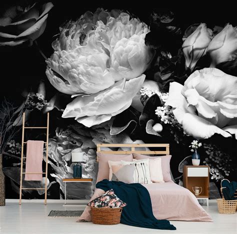 Peony Flower Wallpaper Self Adhesive Wall Decor Black And Etsy