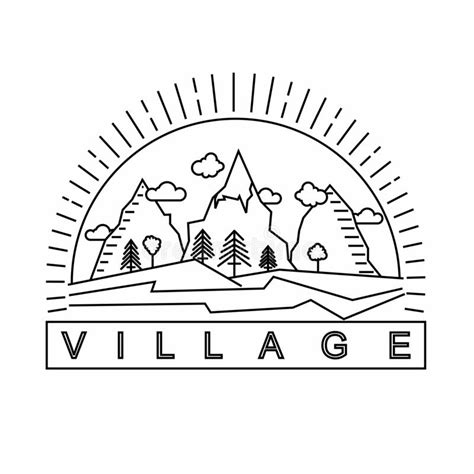 Amazing Logo With Line Art For Some Mountains And Village View Stock
