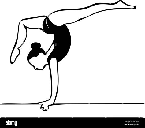 monochrome vector graphic of gymnast on beam performing a back walkover in profile stock vector