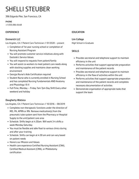 Patient Care Technician Resume Samples Velvet Jobs