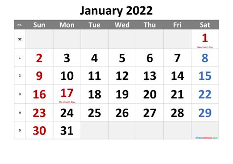 Free Printable January 2022 Calendar With Holidays