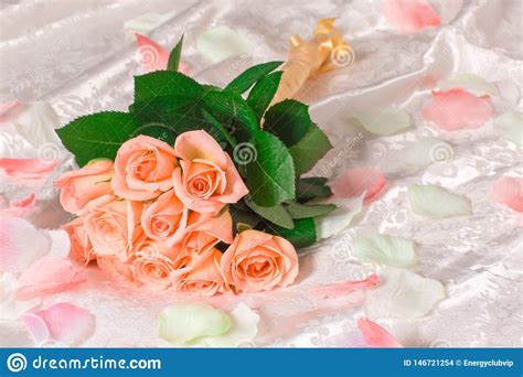 Very Beautiful Delicate Pink Roses With Petals Lie On The Bed A