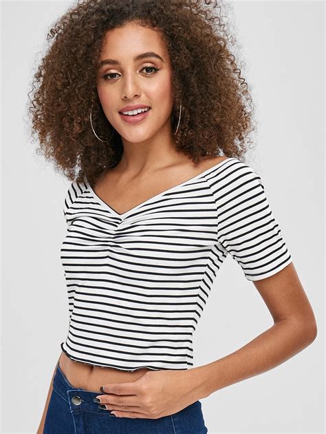 Zaful Striped V Neck Crop Knit Tee White Ad Neck Striped Zaful Crop White Ad Rose