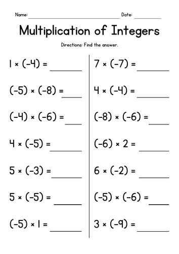 Multiplication of Integers Worksheets | Teaching Resources