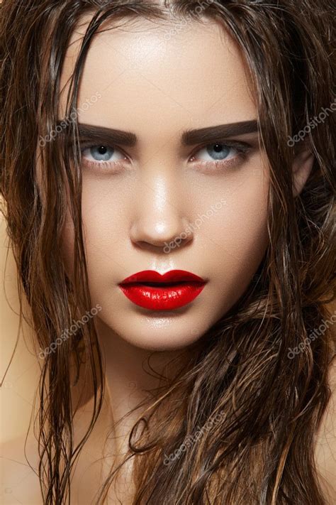 Hot Young Woman Model With Sexy Bright Red Lips Makeup