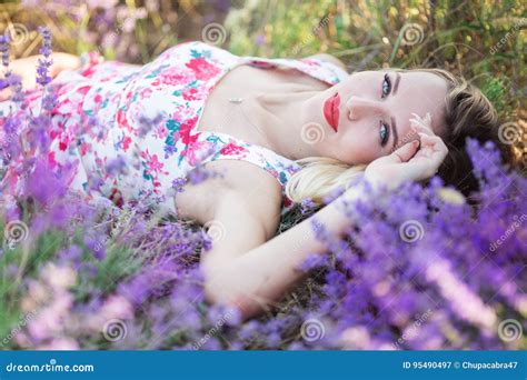 Beautiful Girl Lying On The Lavender Field Stock Image Image Of Dress Herbal 95490497