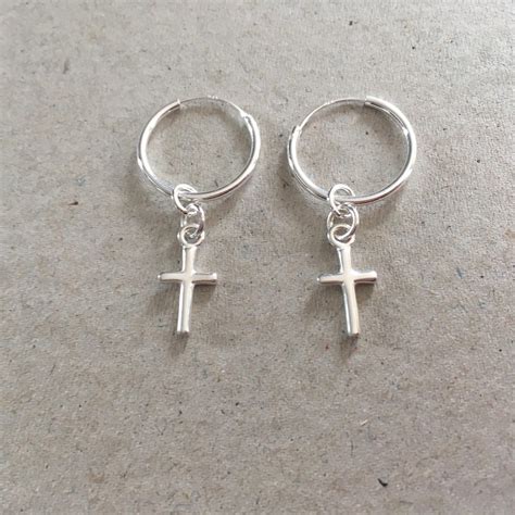 Sterling Silver Hoop Cross Charm Dangle Earrings Jewellery