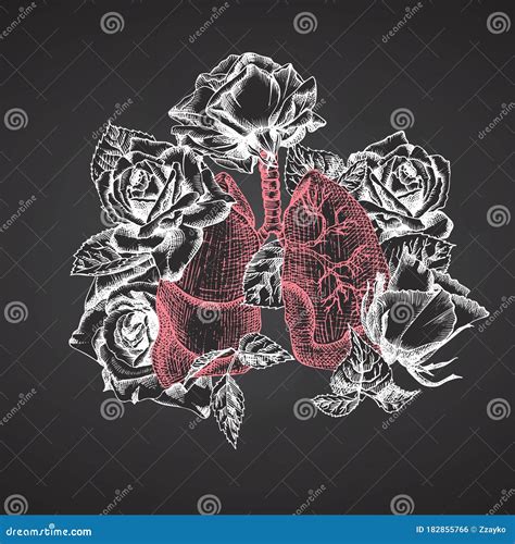 Lungs With Bouquet Roses On Chalkboard Realistic Hand Drawn Icon Of