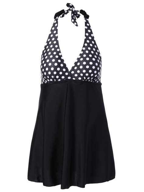 Retro Plus Size Polka Dot Halter Skirted Swimwear Black 2xl Plus Size