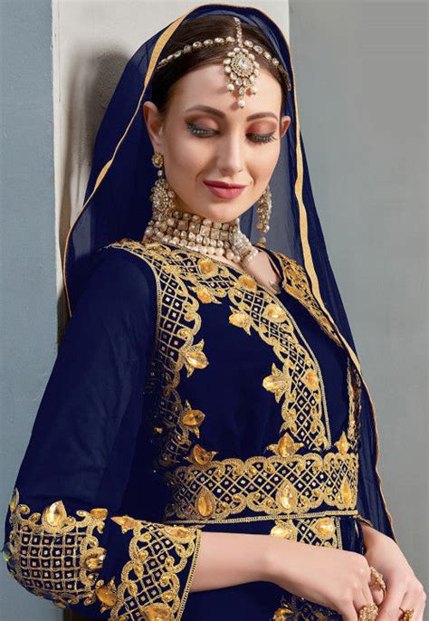 Embroidered Georgette Pakistani Suit In Navy Blue Kch8875
