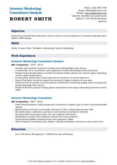 Sample cv formats for seo specialist. Internet Marketing Consultant Resume Samples | QwikResume