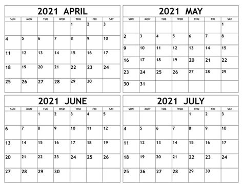 April May June July 2021 Calendar Template Calendar Template