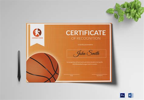 Basketball Recognition Certificate Design Template In Psd Word