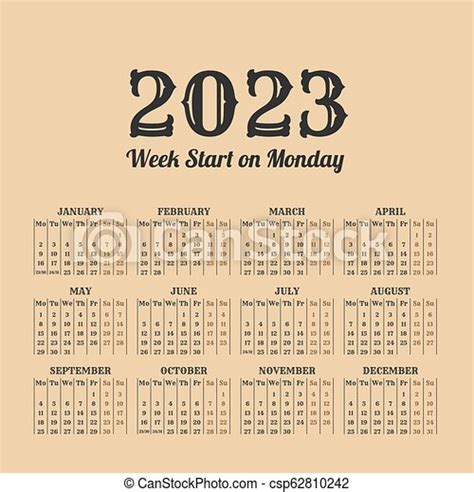 2023 Year Vintage Calendar Weeks Start On Monday 2023 Year Calendar