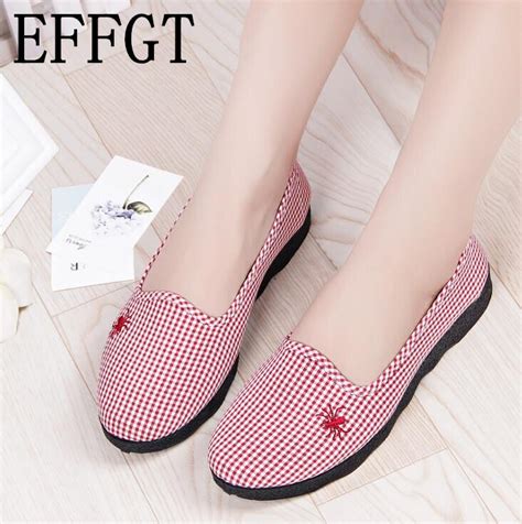Effgt Women Flat Shoes Shallow Gingham Breathable Casual Single Shoes