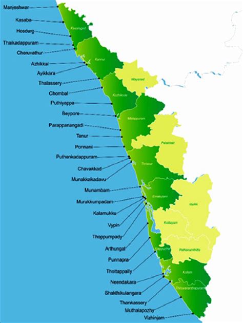The 14 districts are further divided into 21 revenue divisions, 14 district panchayats, 63 taluks, 152 cd blocks, 1466 revenue villages, 999 gram panchayats, 5 corporations and 60 municipalities. Map of Kerala showing coastal districts and fish landing centres... | Download Scientific Diagram