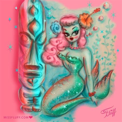 Glam Mermaid With Tiki 🌺 Original Art By Claudette Barjoud Miss Fluff