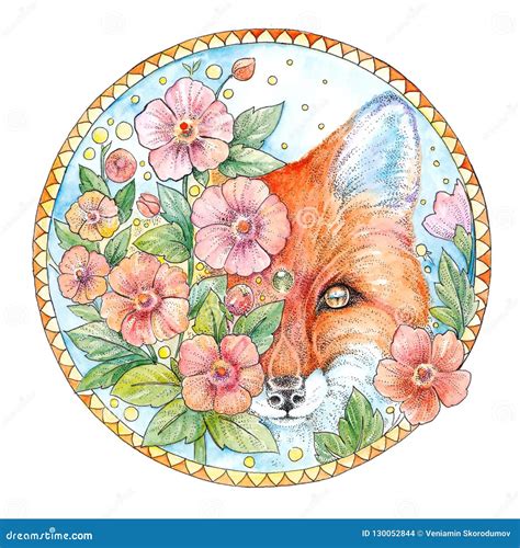Watercolor Drawing Face Of A Fox With Flowers In A Decorative Ci Stock