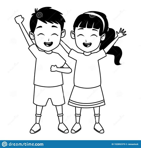 Kids Friends Playing And Smiling Cartoons In Black And White Stock