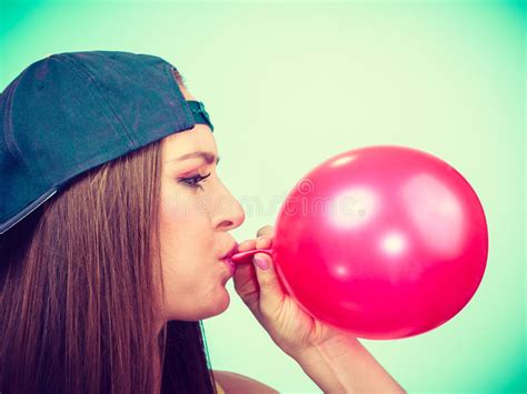 Teen Girl Blowing Red Balloon Stock Photo Image Of Party Blow 71055634