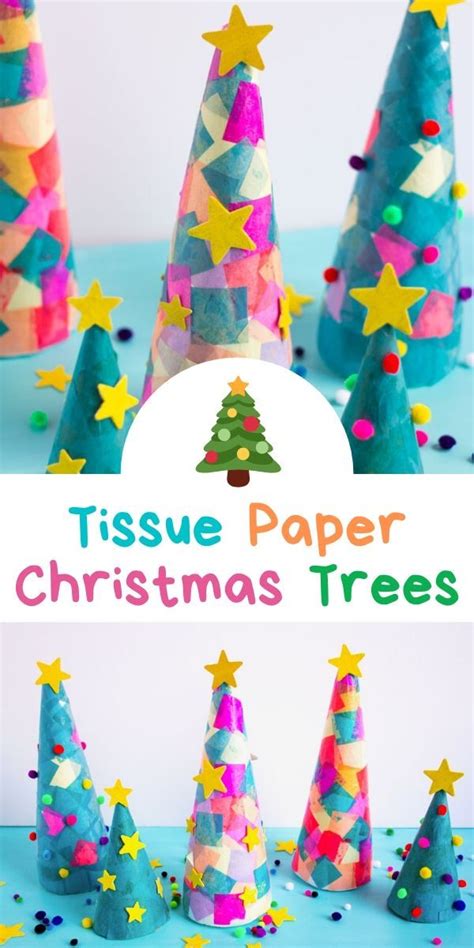 Tissue Paper Christmas Trees With Stars And Confetti On The Top In