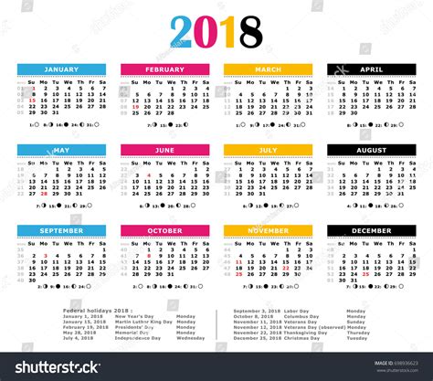 2018 Cmyk Calendar Weeks Numbered Moon Stock Illustration 698936623