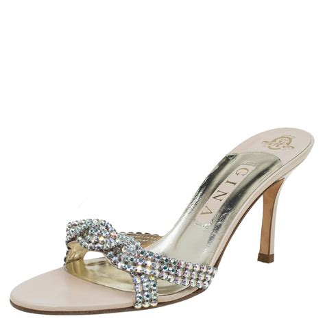 Gina Beige Leather Crystal Embellished Sandals Size 39 Gina Tlc