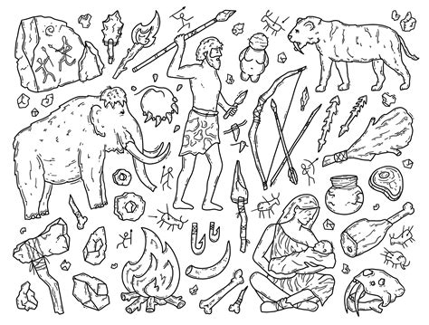 Cavemen And Neanderthals In The Stone Age Vector Doodle Set Of Icons