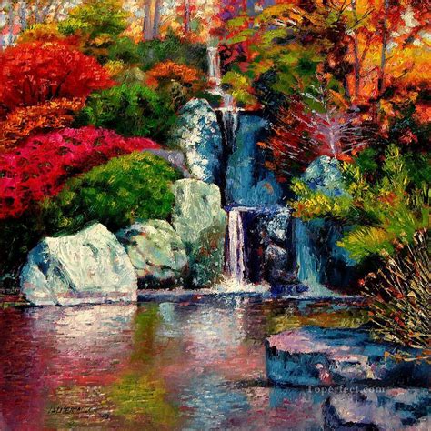 Japanese Waterfall Garden Painting In Oil For Sale
