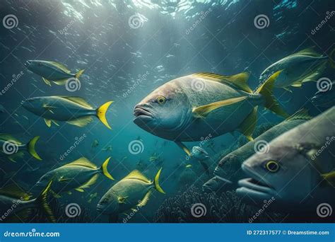 Yellowtail Amberjack Fish Underwater Lush Nature By Generative Ai Stock